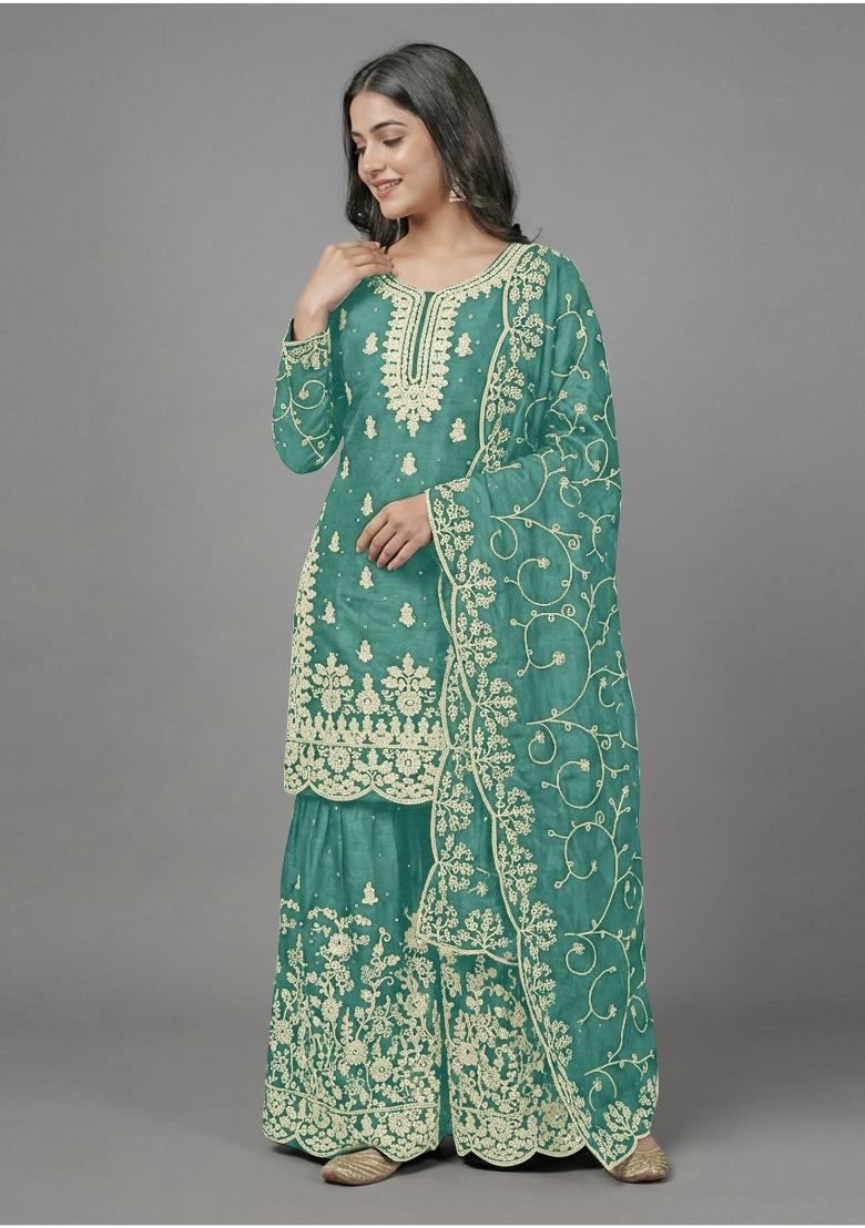 light green Zari Work Silk Blend salwar suit - Indya
