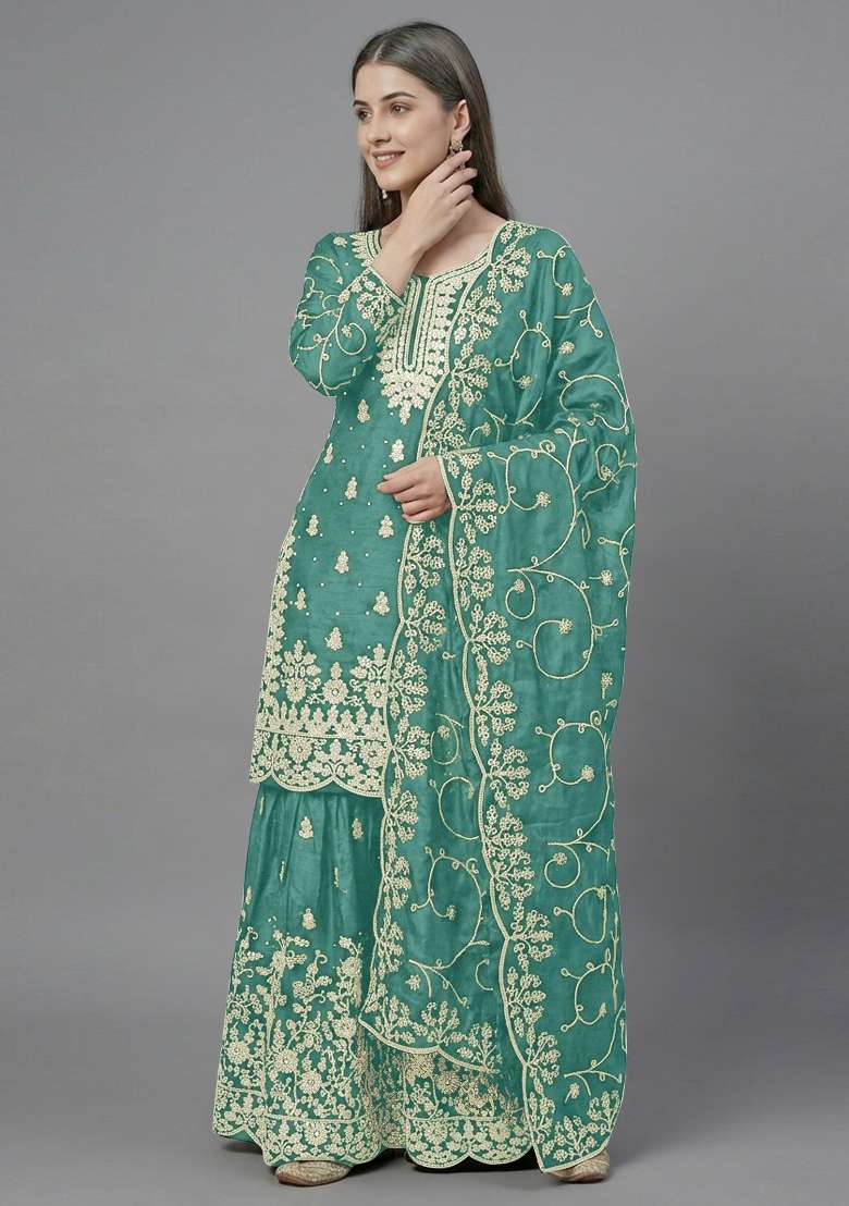light green Zari Work Silk Blend salwar suit - Indya