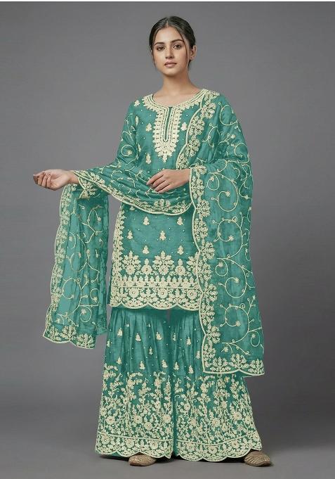 light green Zari Work Silk salwar suit