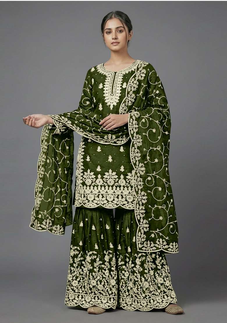 Mehendi Zari Work Silk Blend salwar suit - Indya