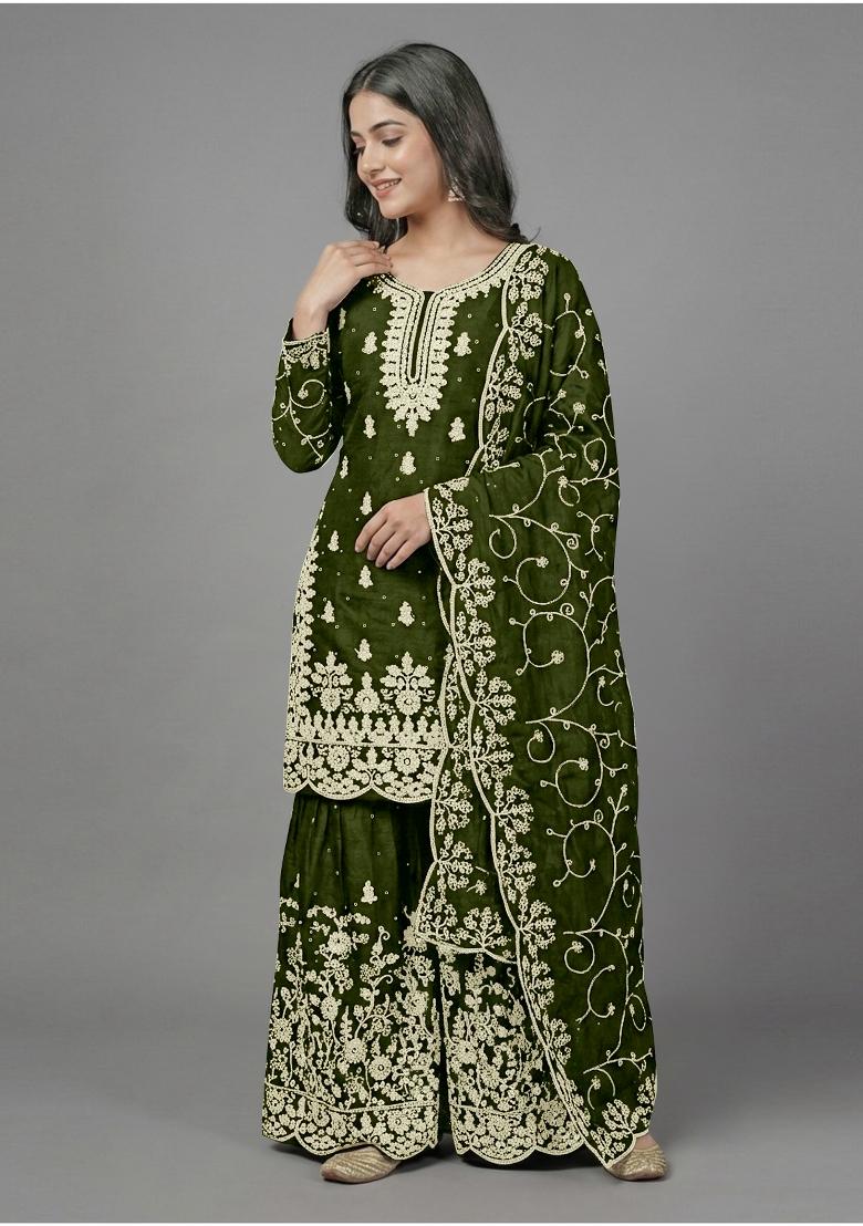 Mehendi Zari Work Silk Blend salwar suit - Indya