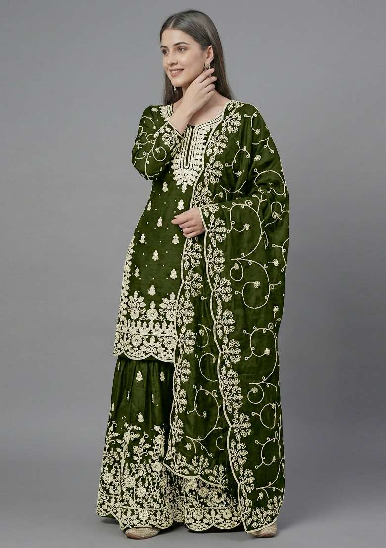 Mehendi Zari Work Silk Blend salwar suit - Indya