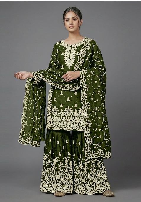Mehendi Zari Work Silk salwar suit