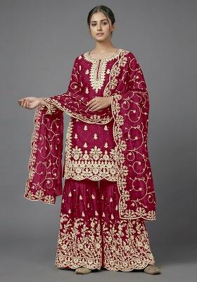 Red Zari Work Silk Blend salwar suit