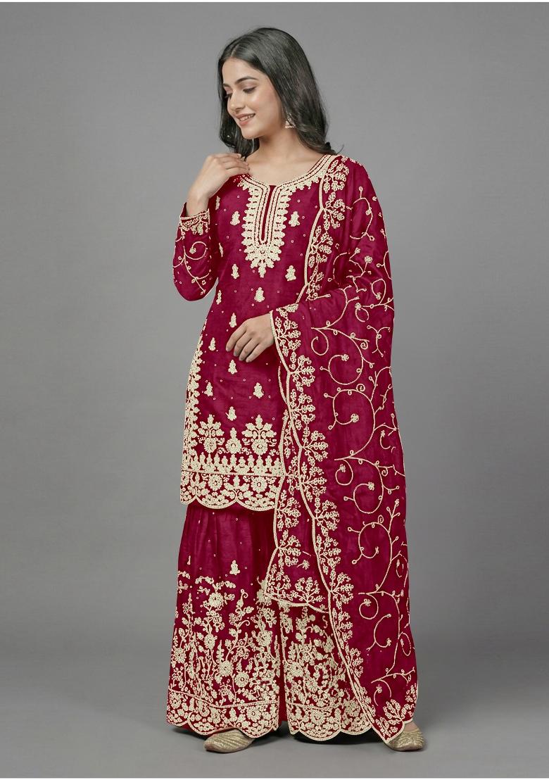 Red Zari Work Silk Blend salwar suit - Indya