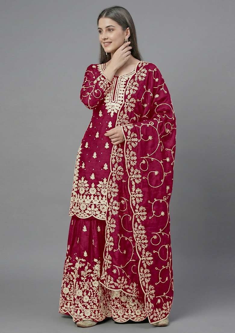 Red Zari Work Silk Blend salwar suit - Indya