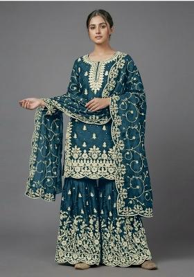 Teal Zari Work Silk Blend salwar suit