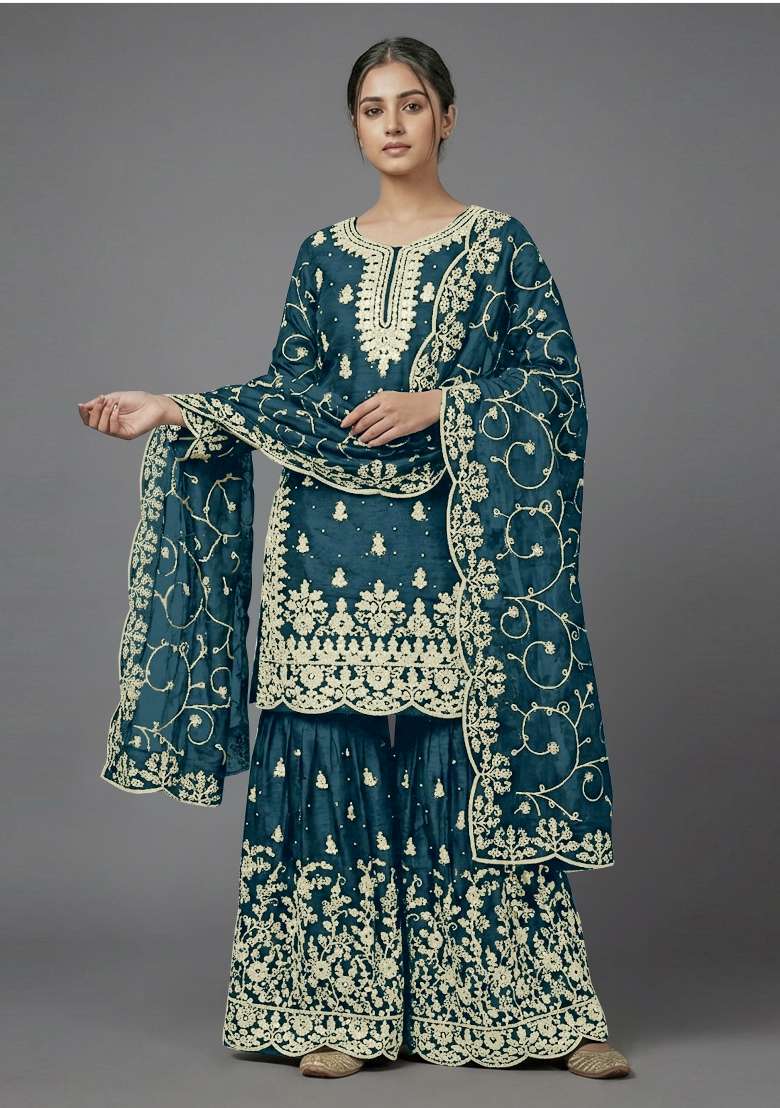 Teal Zari Work Silk Blend salwar suit - Indya