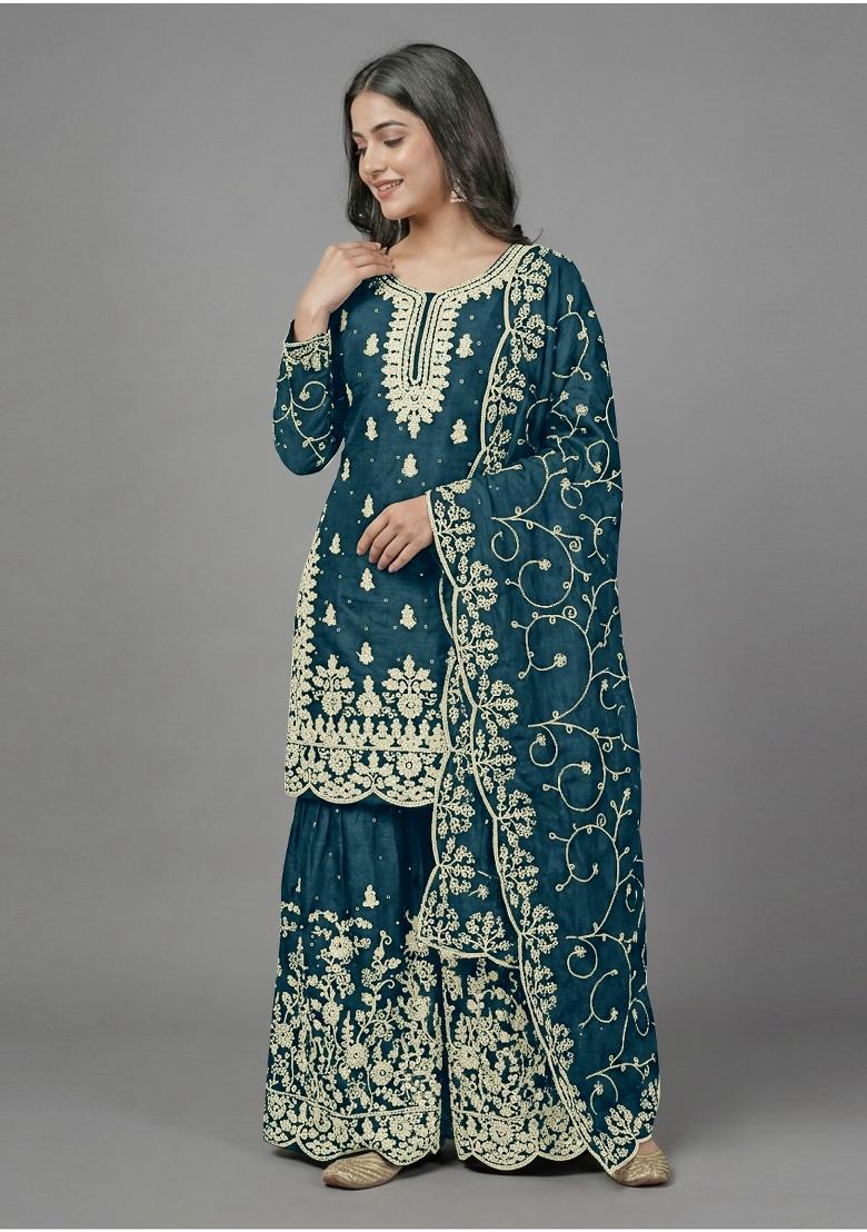 Teal Zari Work Silk Blend salwar suit - Indya