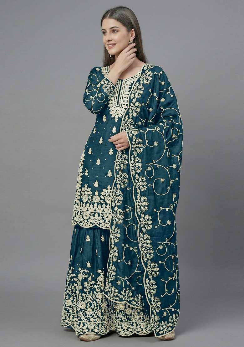 Teal Zari Work Silk Blend salwar suit - Indya