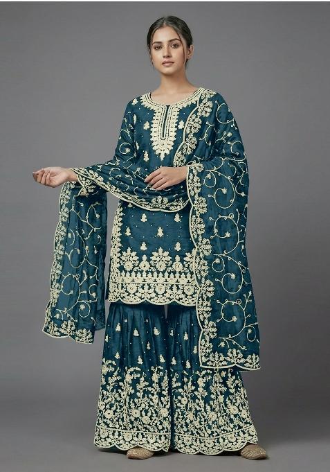 Teal Zari Work Silk salwar suit