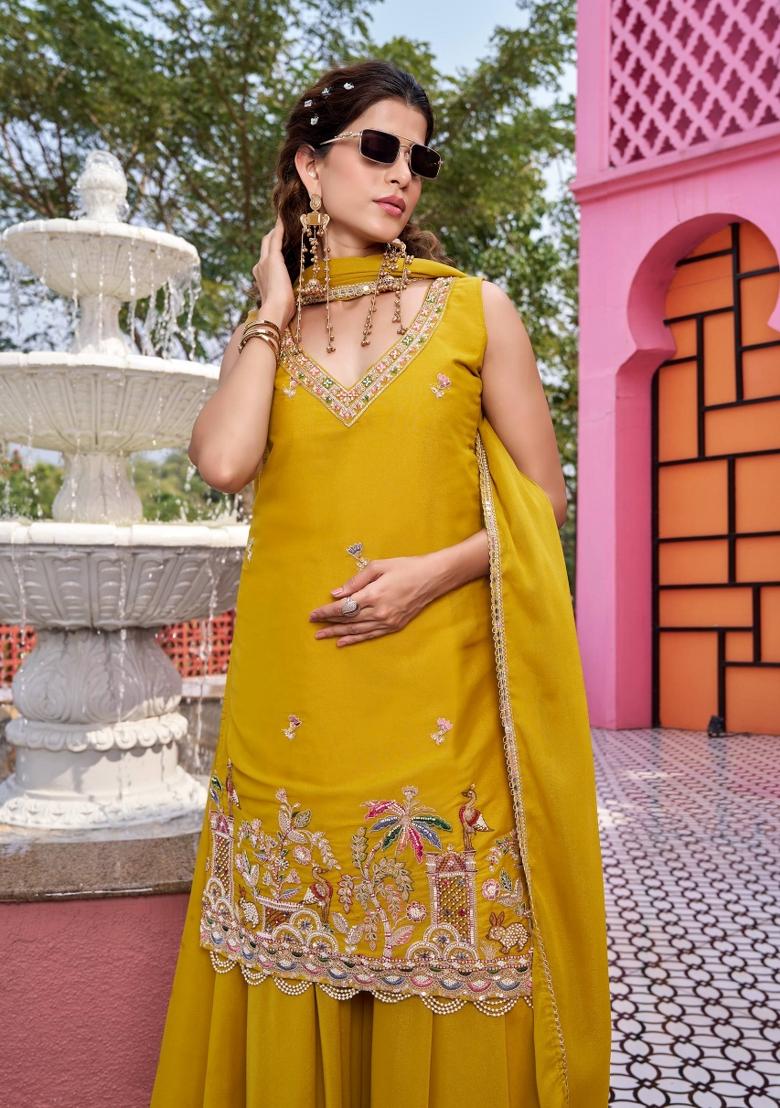 Yellow Zari Work georgette salwar suit - Indya