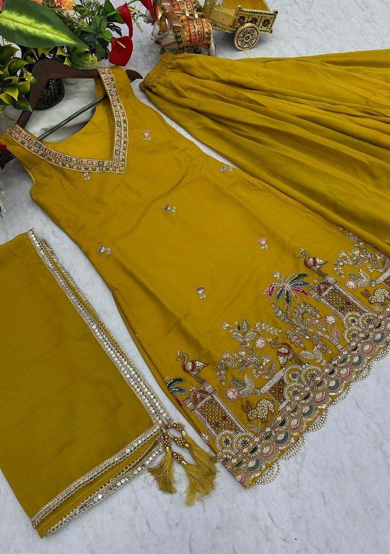 Yellow Zari Work georgette salwar suit - Indya