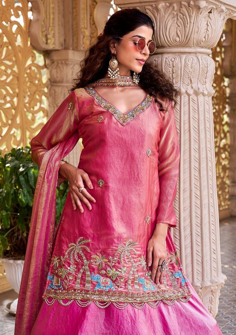 Pink Zari Work Silk Blend salwar suit - Indya