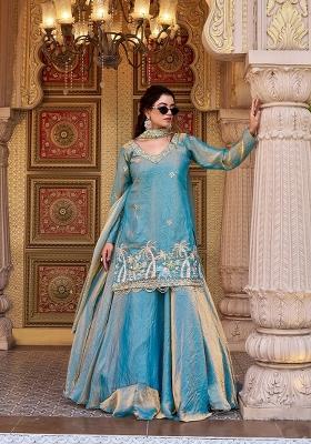 aqua blue Zari Work Silk Blend salwar suit