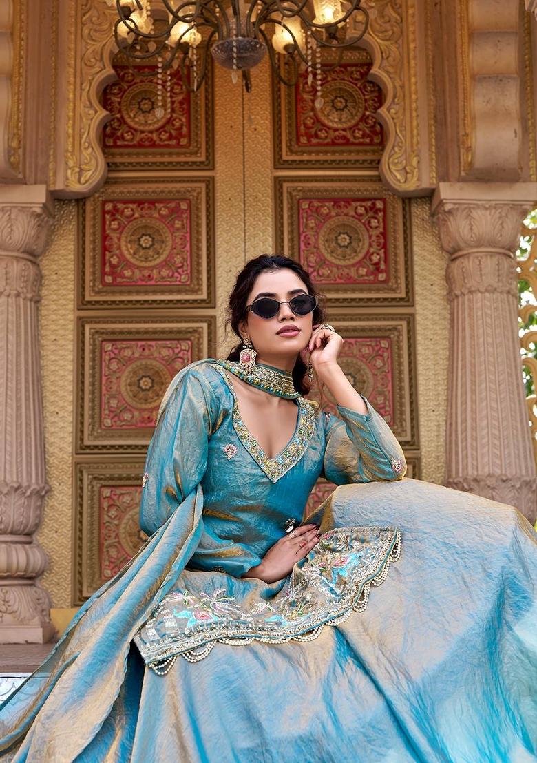 aqua blue Zari Work Silk Blend salwar suit - Indya