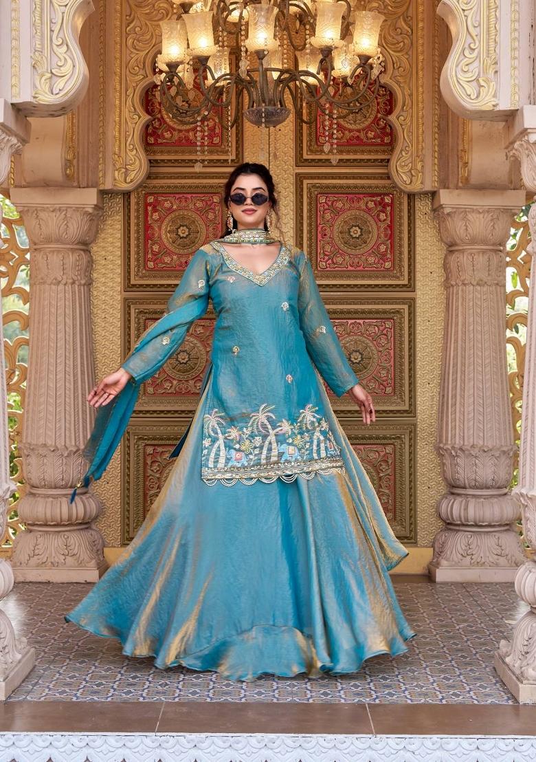 aqua blue Zari Work Silk Blend salwar suit - Indya