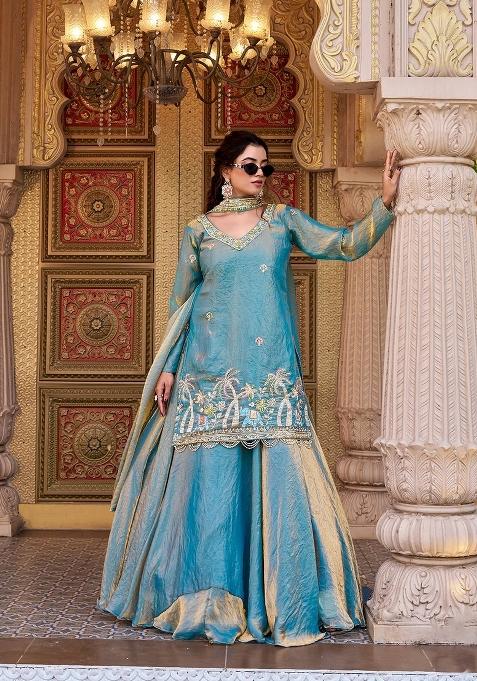 aqua blue Zari Work Silk salwar suit