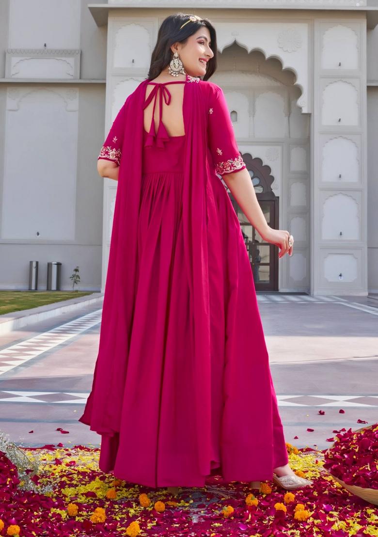 Pink Zari Work Silk Blend salwar suit - Indya