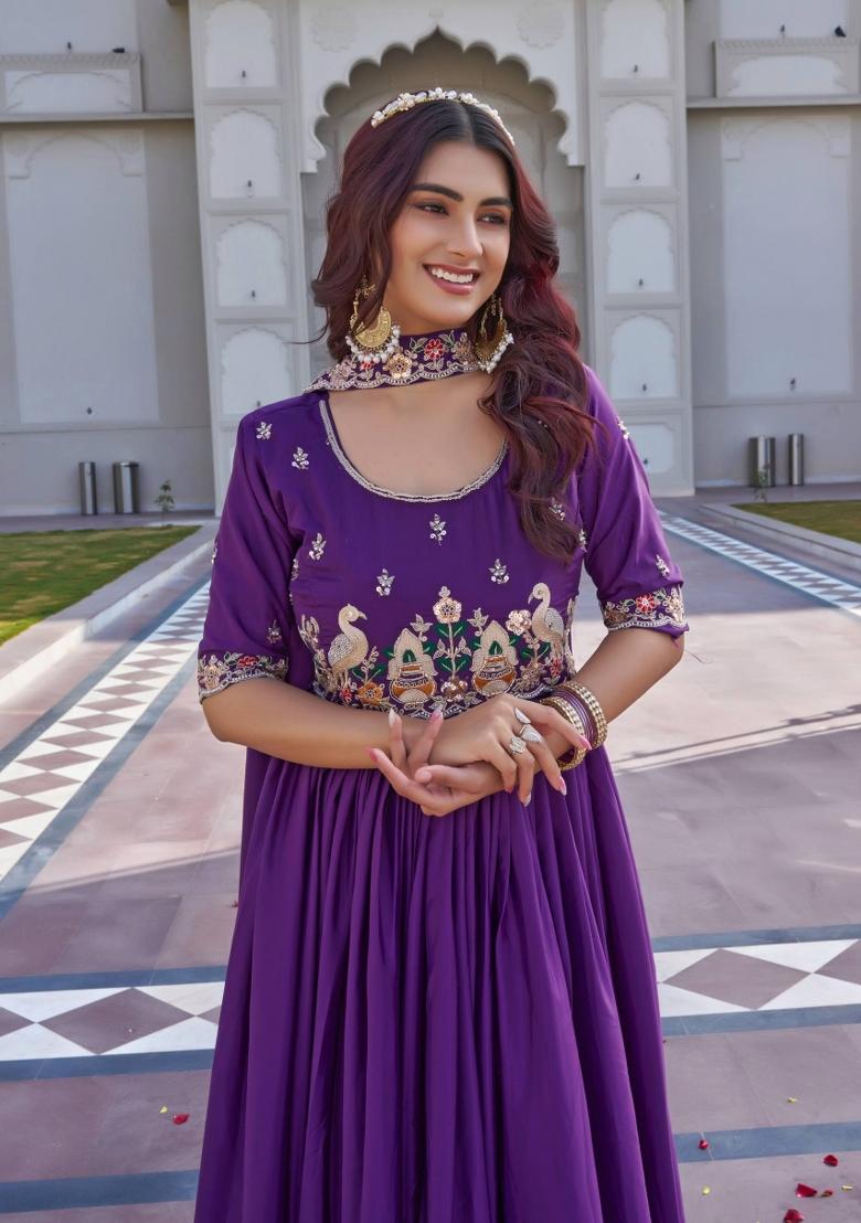Purple Zari Work Silk Blend salwar suit - Indya