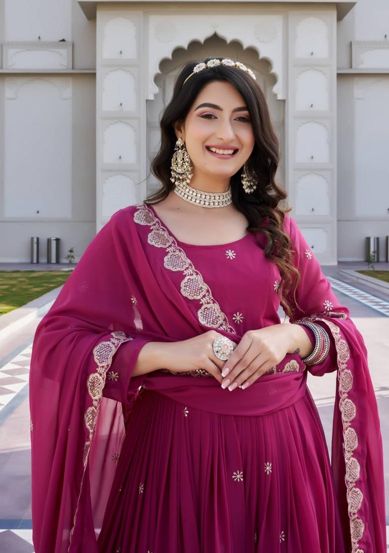 Pink Zari Work faux georgette salwar suit - Indya