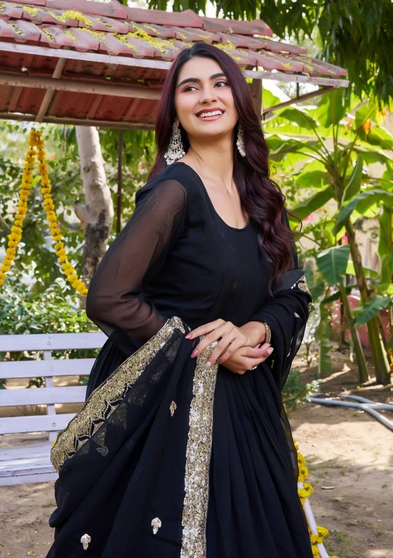 Black Zari Work faux georgette salwar suit - Indya
