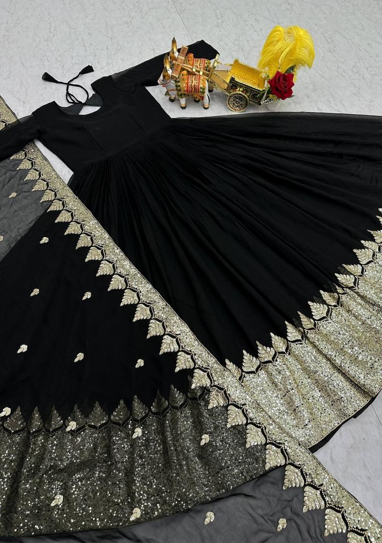 Black Zari Work faux georgette salwar suit - Indya