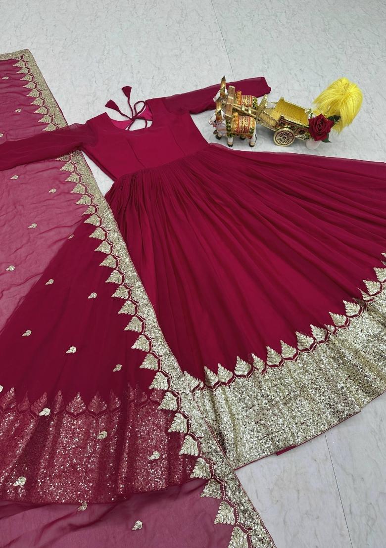 Pink Zari Work faux georgette salwar suit - Indya