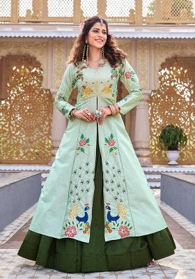 light green Zari Work Silk salwar suit