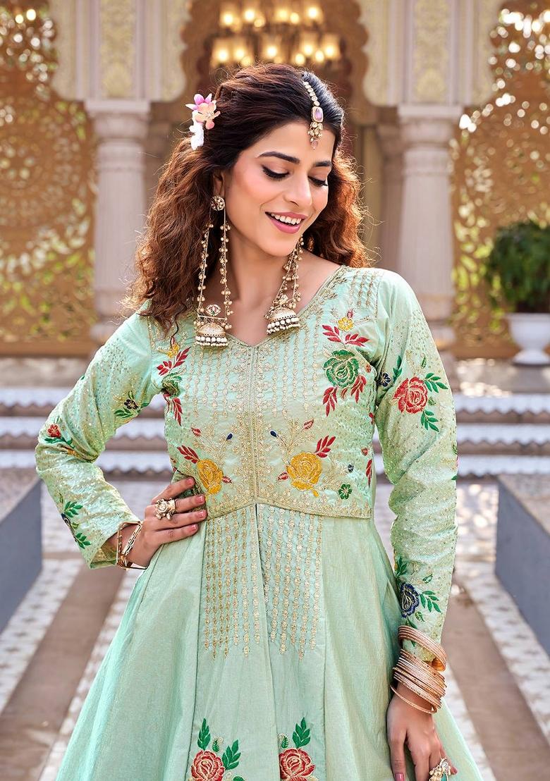 light green Zari Work Silk Blend salwar suit - Indya