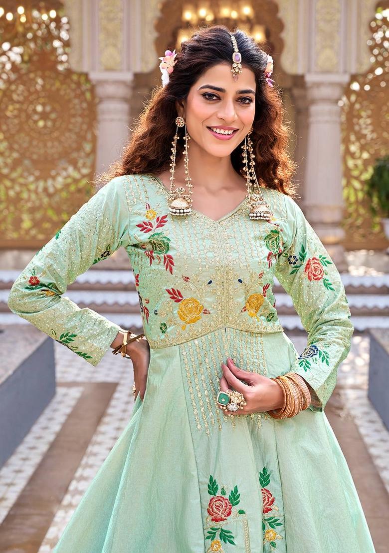 light green Zari Work Silk Blend salwar suit - Indya