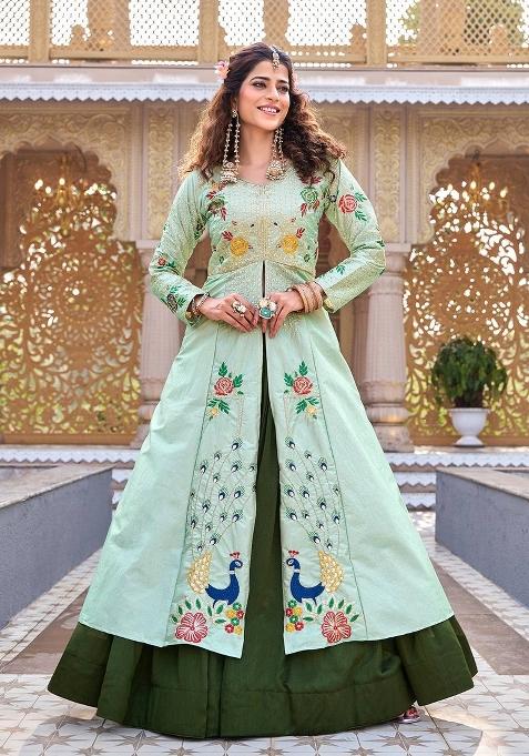 light green Zari Work Silk salwar suit