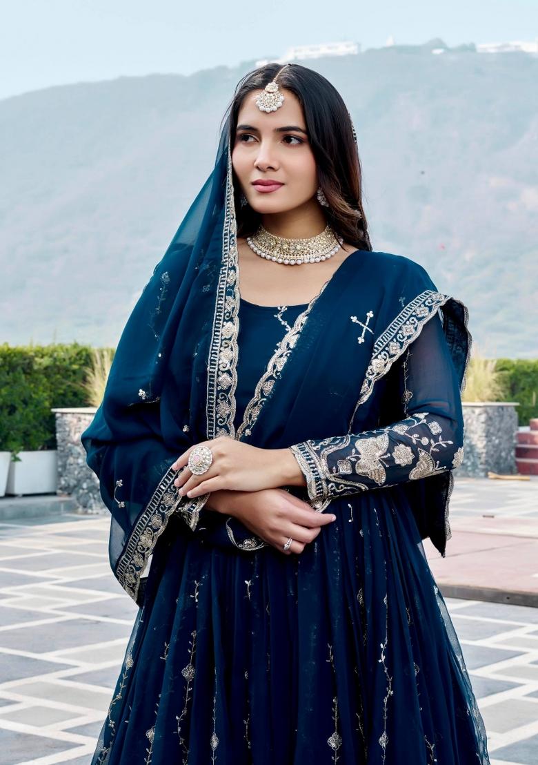 Teal Zari Work faux georgette salwar suit - Indya