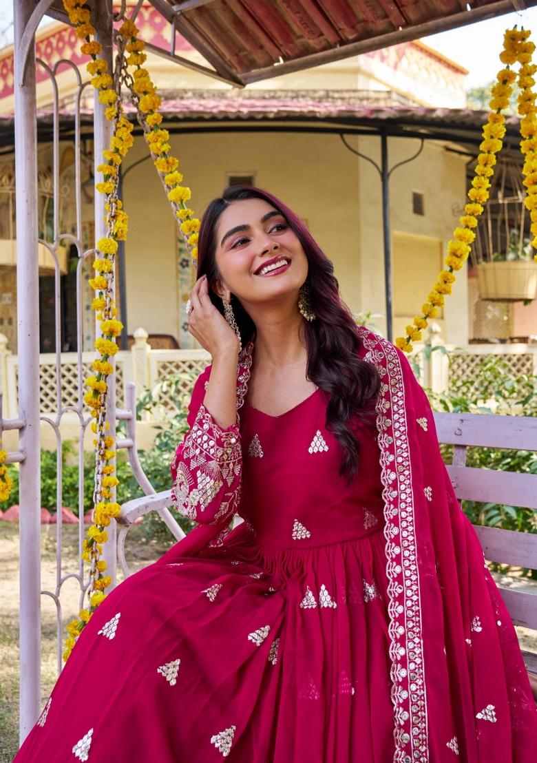 Pink Zari Work faux georgette salwar suit - Indya
