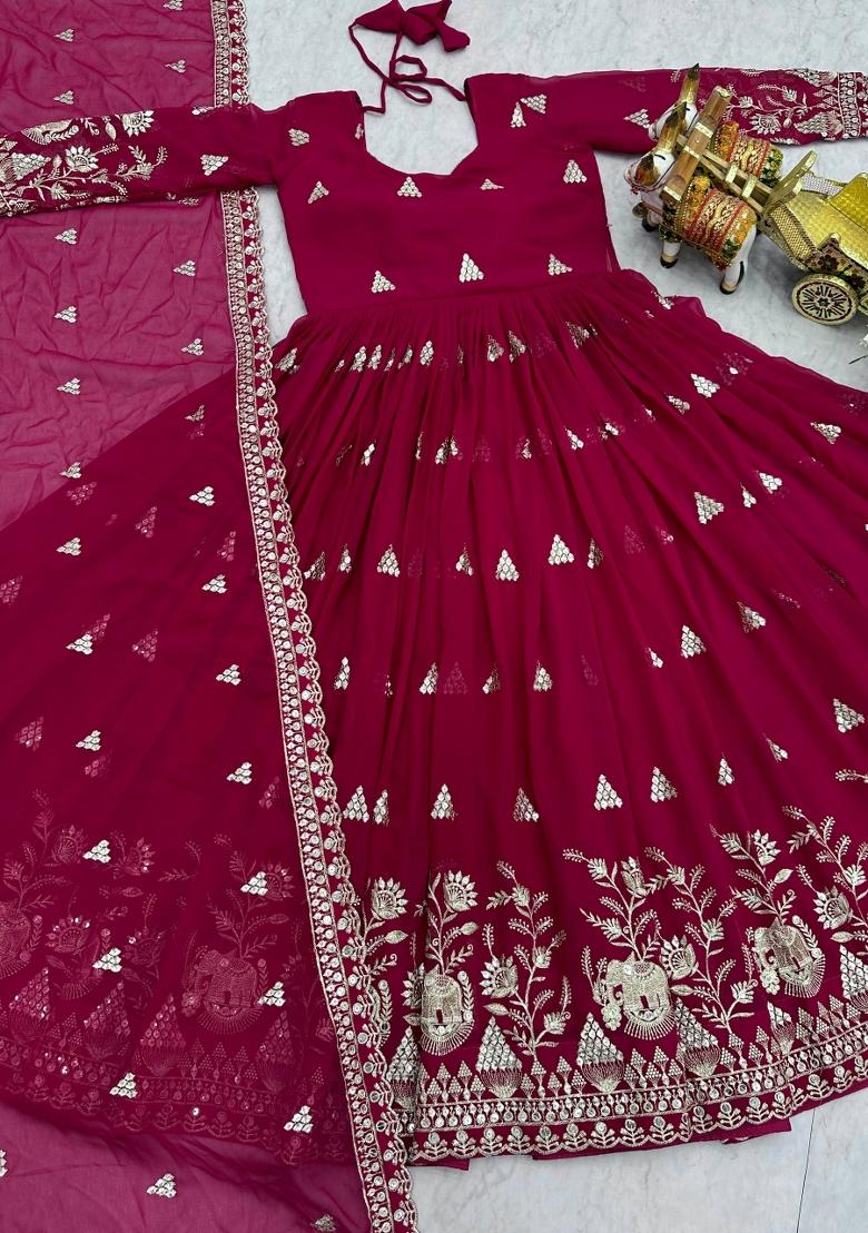 Pink Zari Work faux georgette salwar suit - Indya