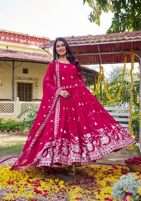Pink Zari Work faux georgette salwar suit
