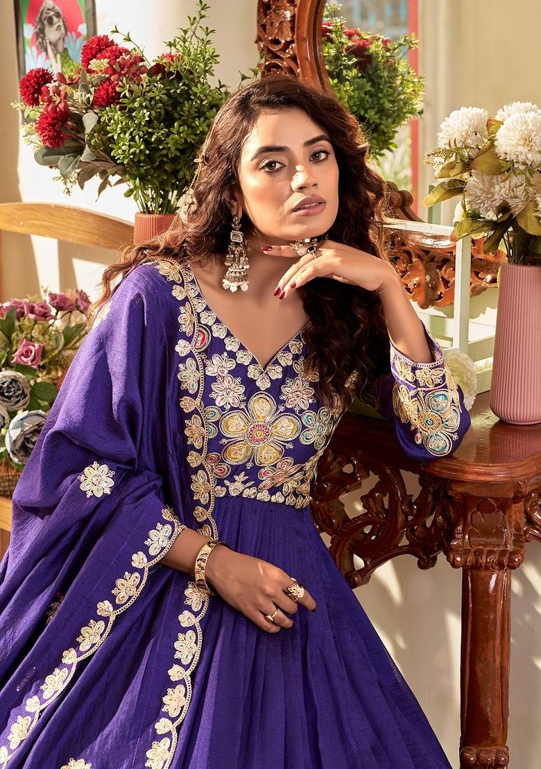 Purple Zari Work Silk Blend salwar suit - Indya