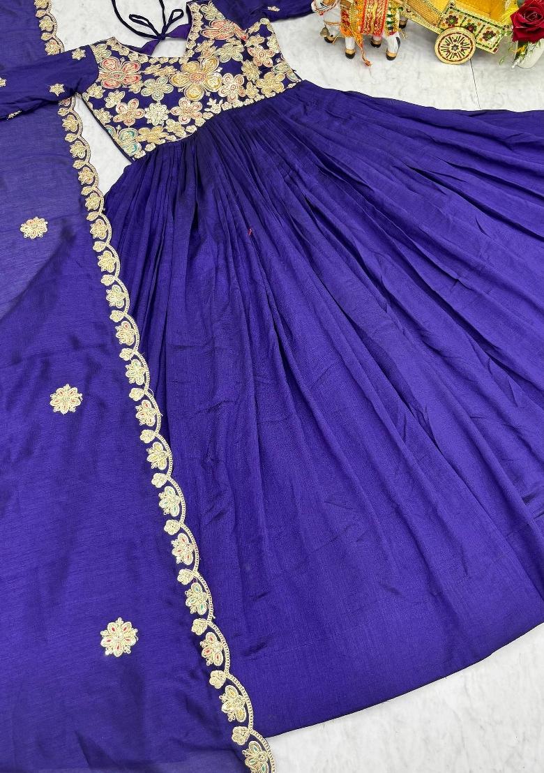 Purple Zari Work Silk Blend salwar suit - Indya