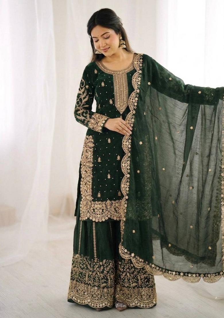 Green Zari Work Silk Blend salwar suit - Indya