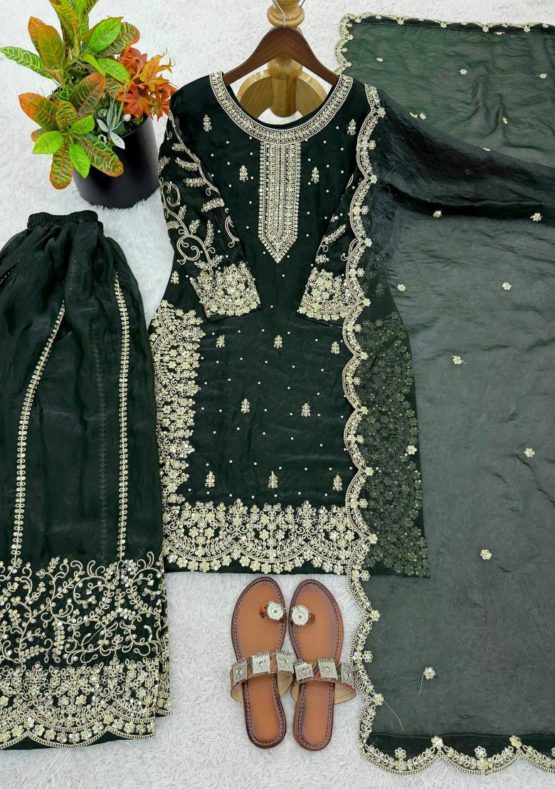 Green Zari Work Silk Blend salwar suit - Indya