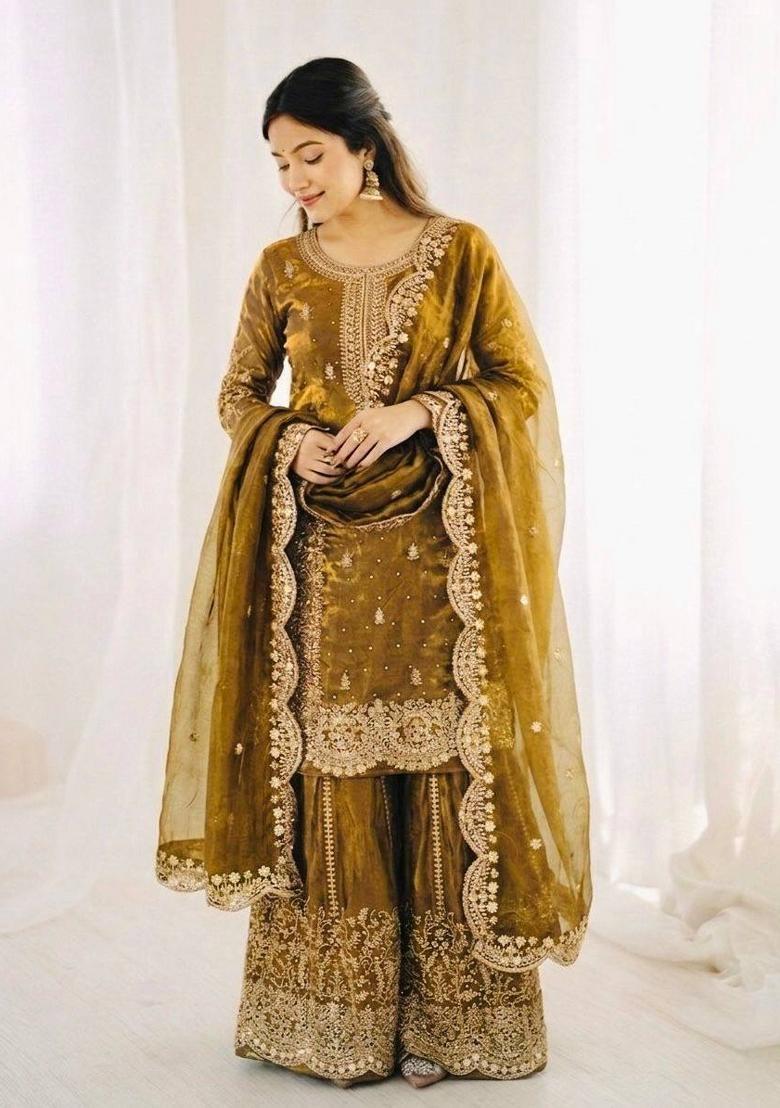 Gold Zari Work Silk Blend salwar suit - Indya