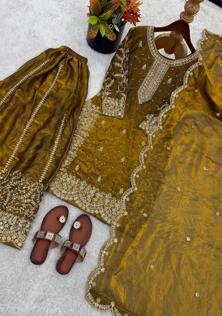 Gold Zari Work Silk Blend salwar suit - Indya