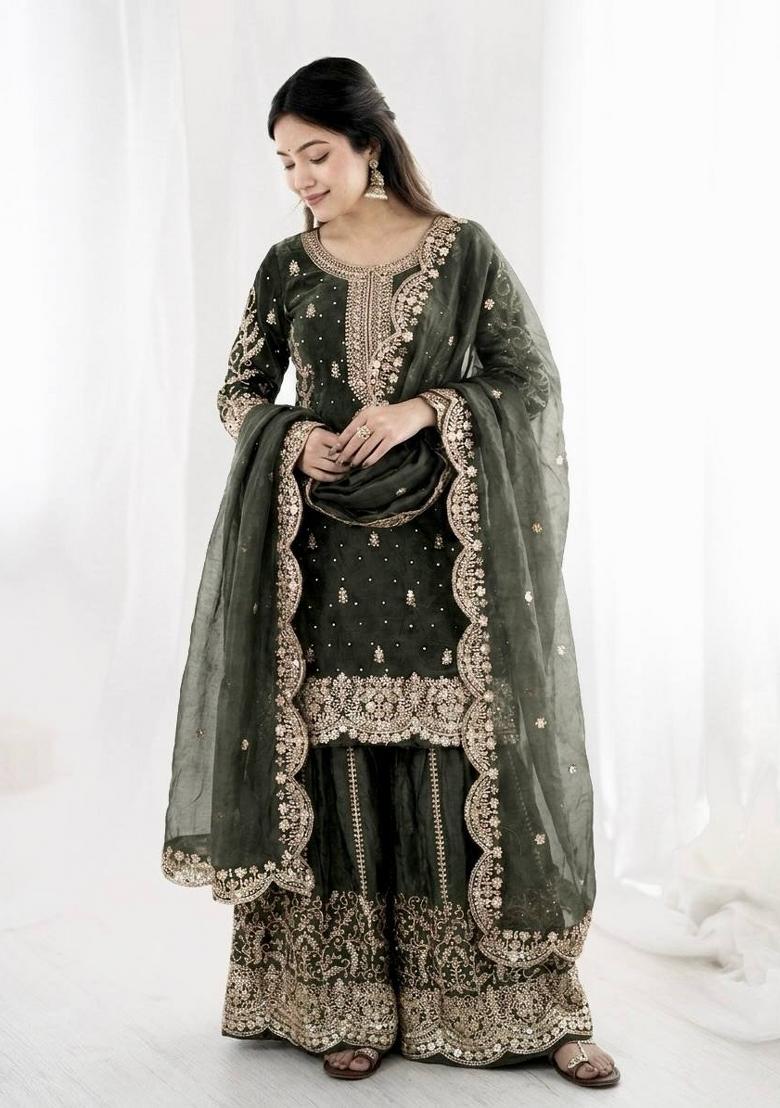 Grey Zari Work Silk Blend salwar suit - Indya