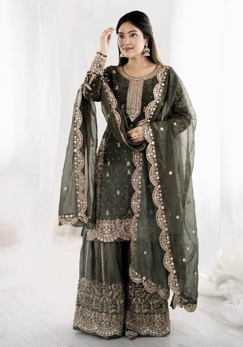 Grey Zari Work Silk salwar suit