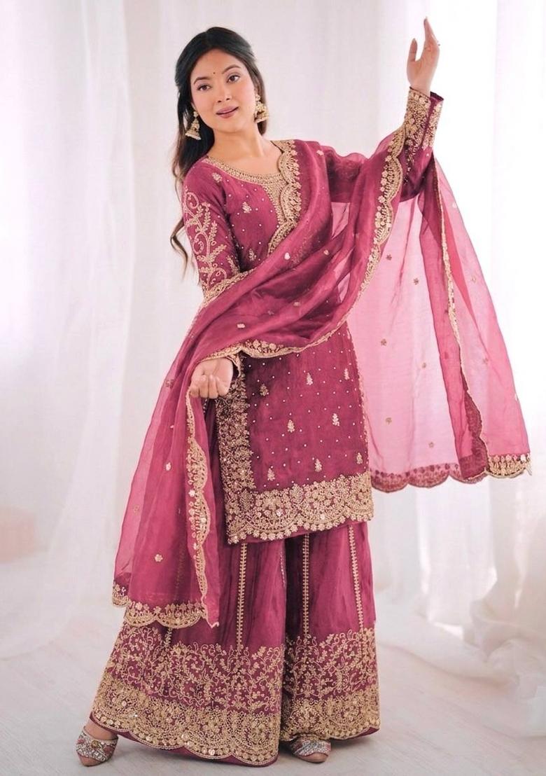 Pink Zari Work Silk Blend salwar suit - Indya