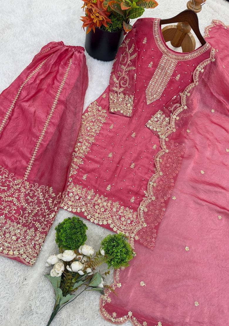 Pink Zari Work Silk Blend salwar suit - Indya