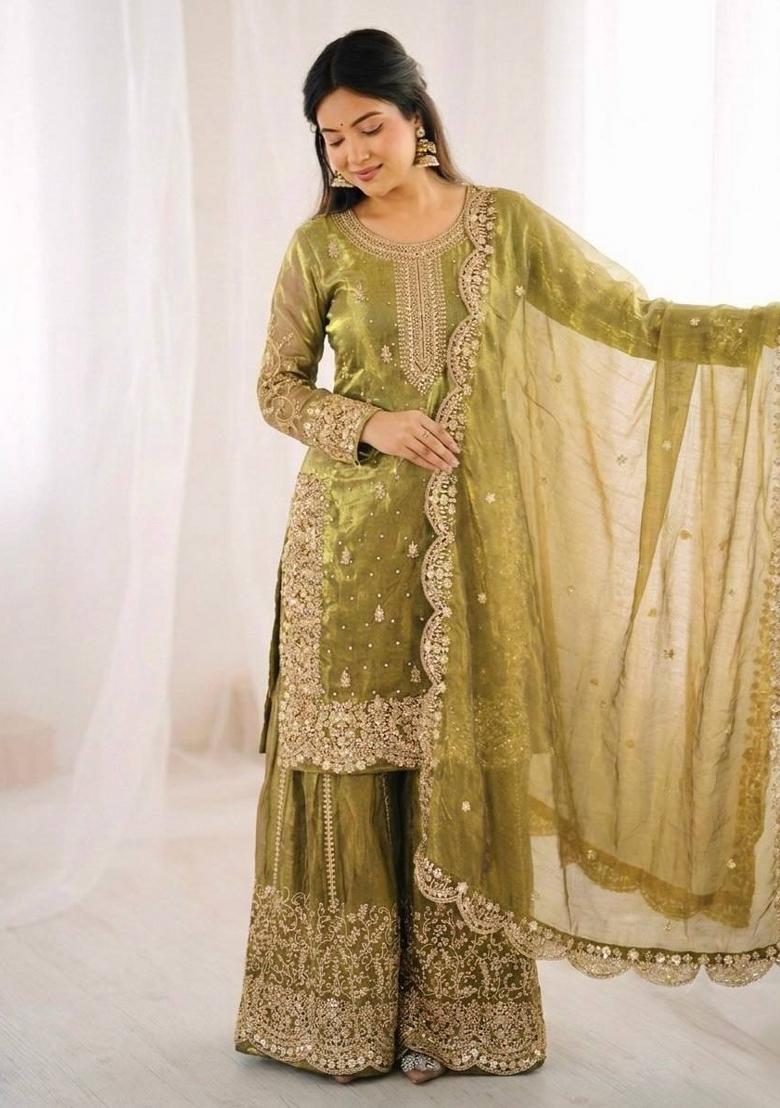 light green Zari Work Silk Blend salwar suit - Indya