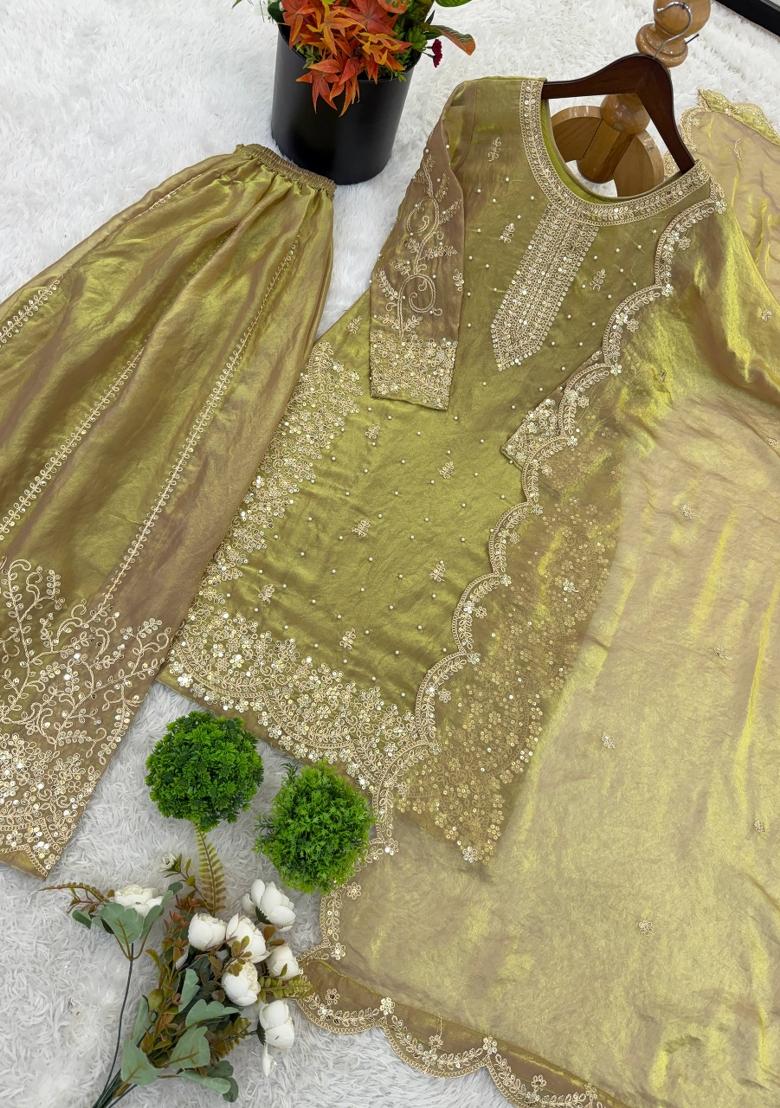 light green Zari Work Silk Blend salwar suit - Indya