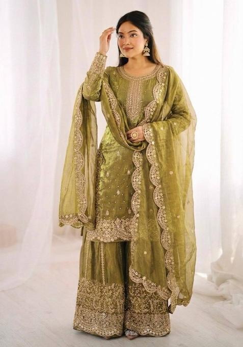 light green Zari Work Silk salwar suit
