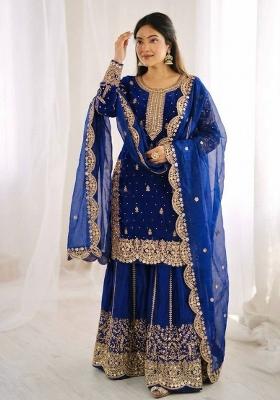 Royal Blue Zari Work Silk Blend salwar suit